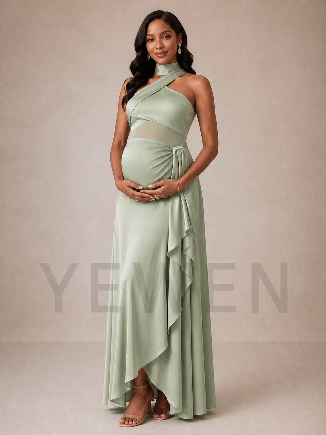 Sage Green Satin Maternity Baby Shower Dress Criss Cross Halter Neck ZX005