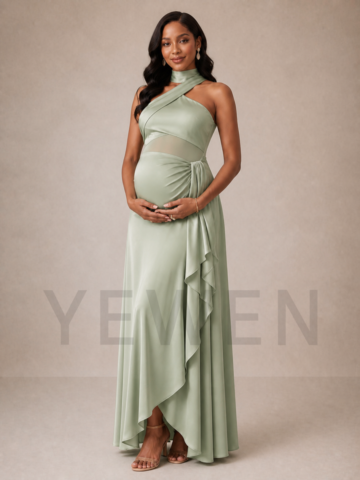 Sage Green Satin Maternity Baby Shower Dress Criss Cross Halter Neck ZX005