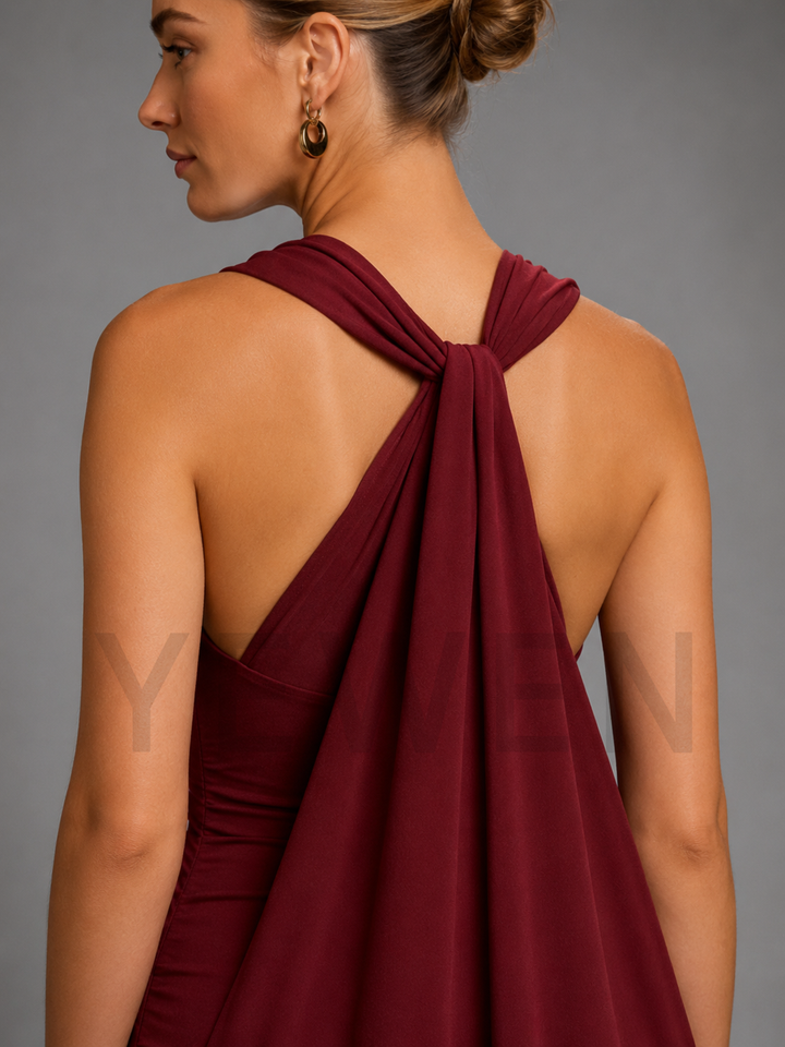 Burgundy Halter Cape Maternity Dress for Photoshoot & Gala Party L-26815