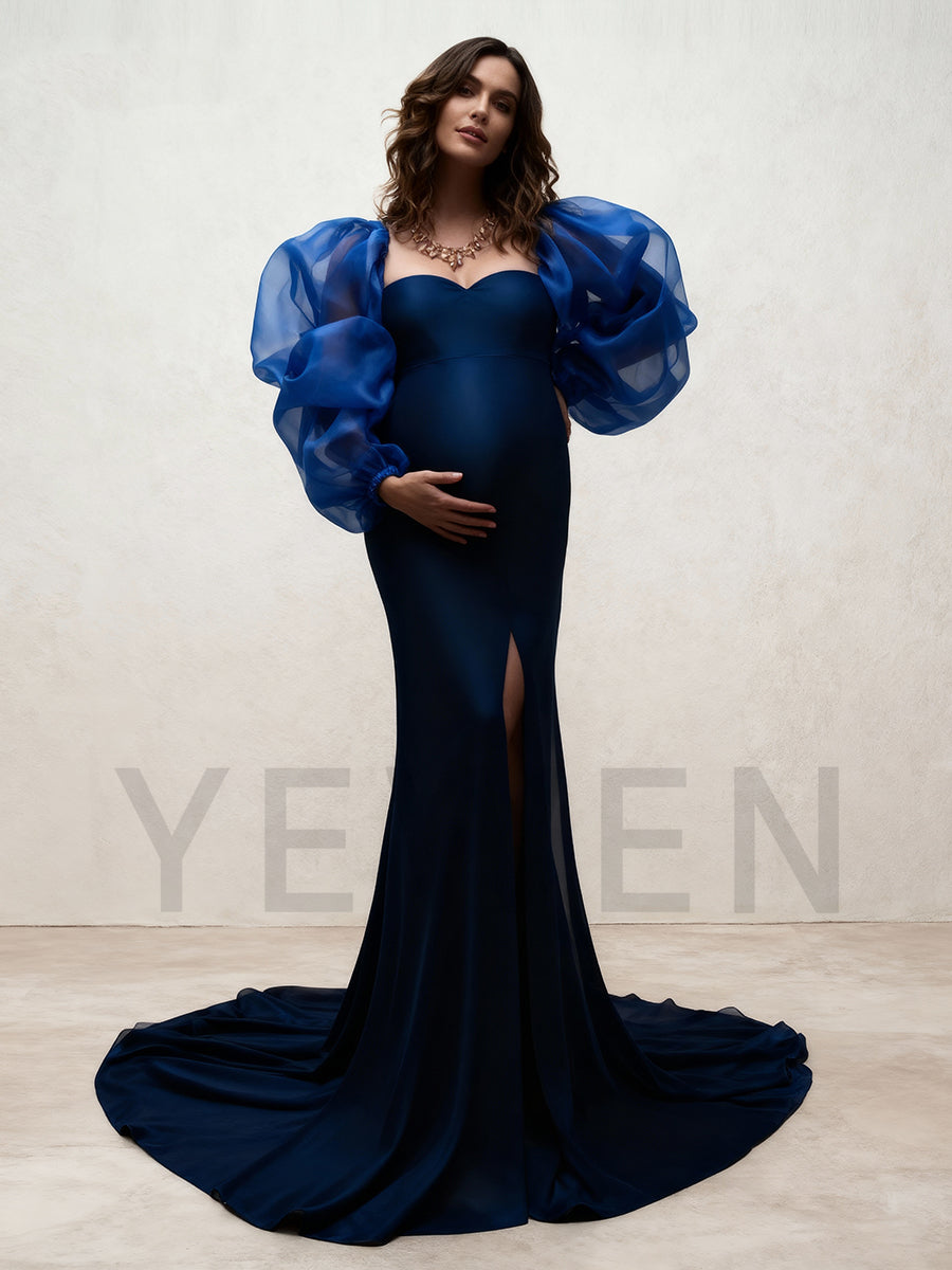 Puffy Long Sleeves Slim Maternity Dress for Baby Shower Photo Shoot Dress