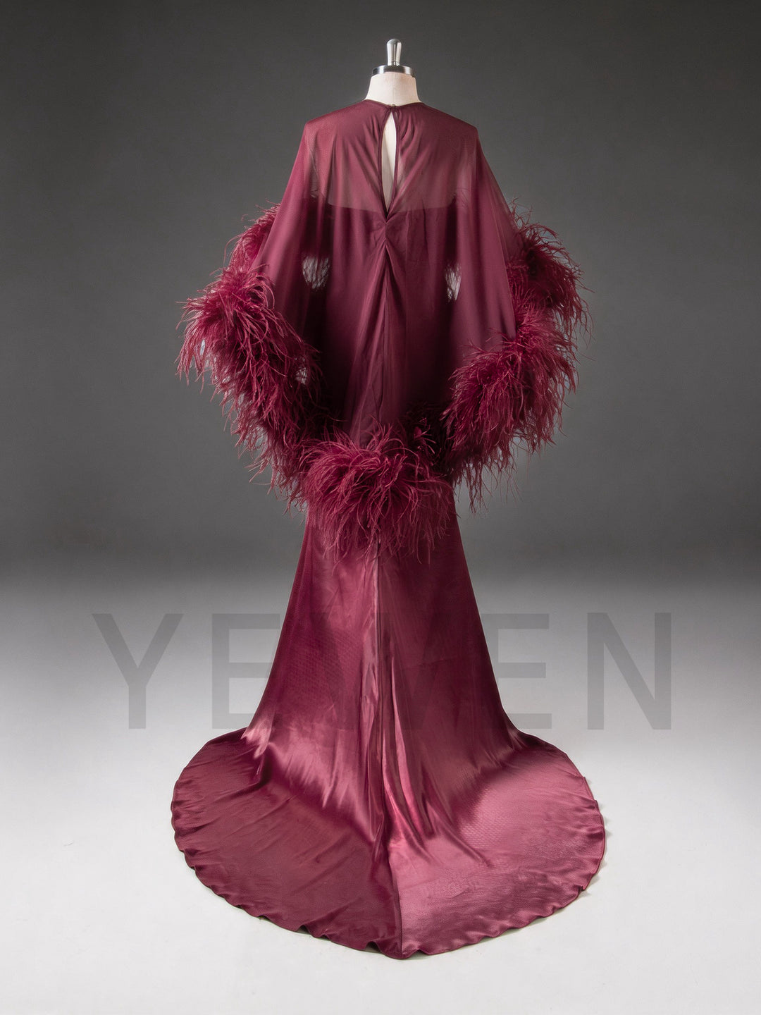 Burgundy Ostrich Feather Cape Maternity Baby Shower Dress YD260917