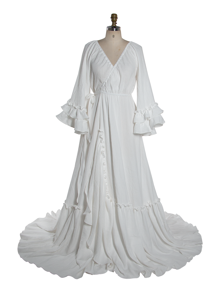 Boho Ruffle Sleeve Maxi Dress V Neck Vintage Bohemian Long Dress YW251051