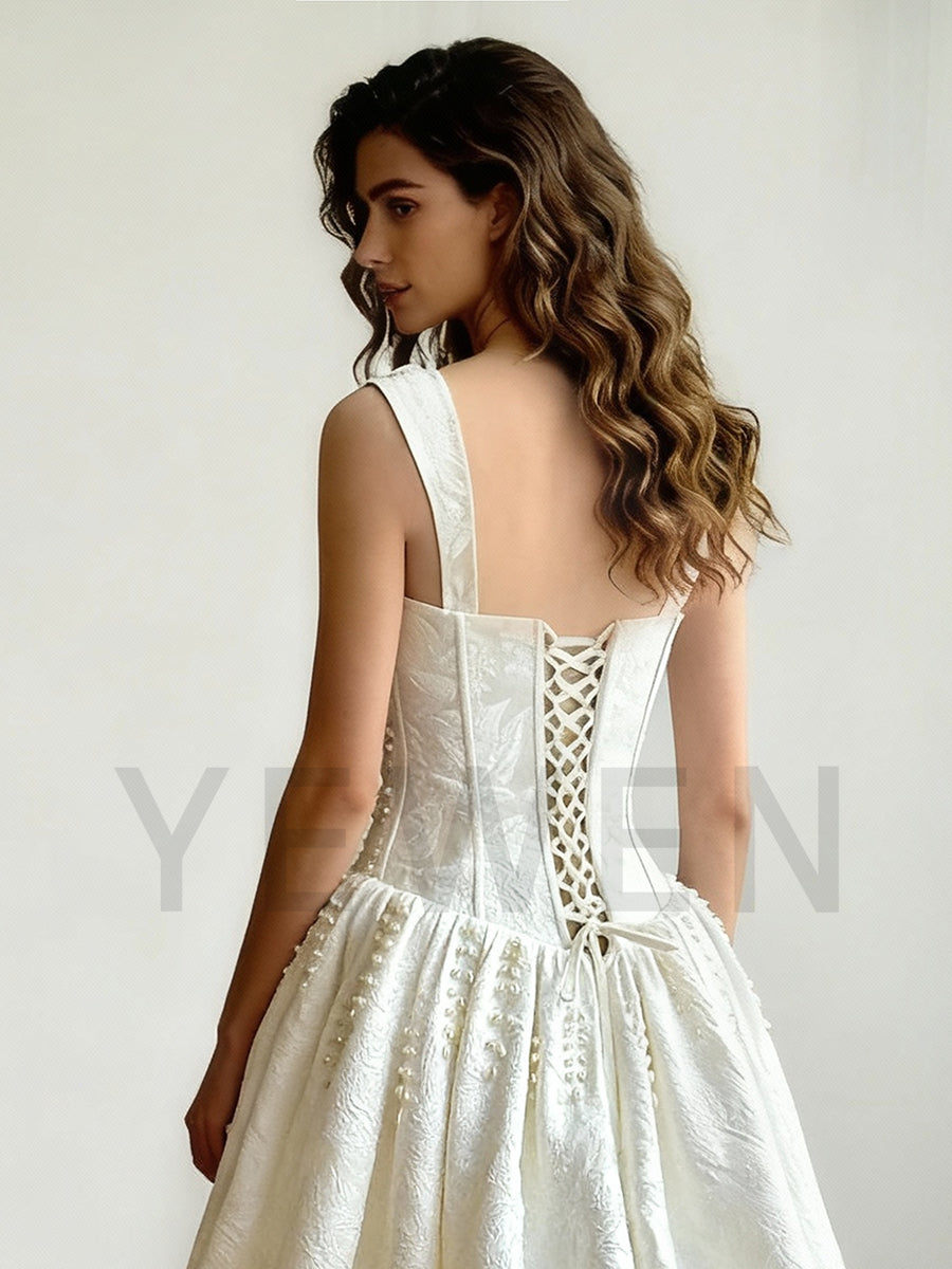 Romance Bridal Gown Floral-textured Brocade Fabric A Line Wedding Dress