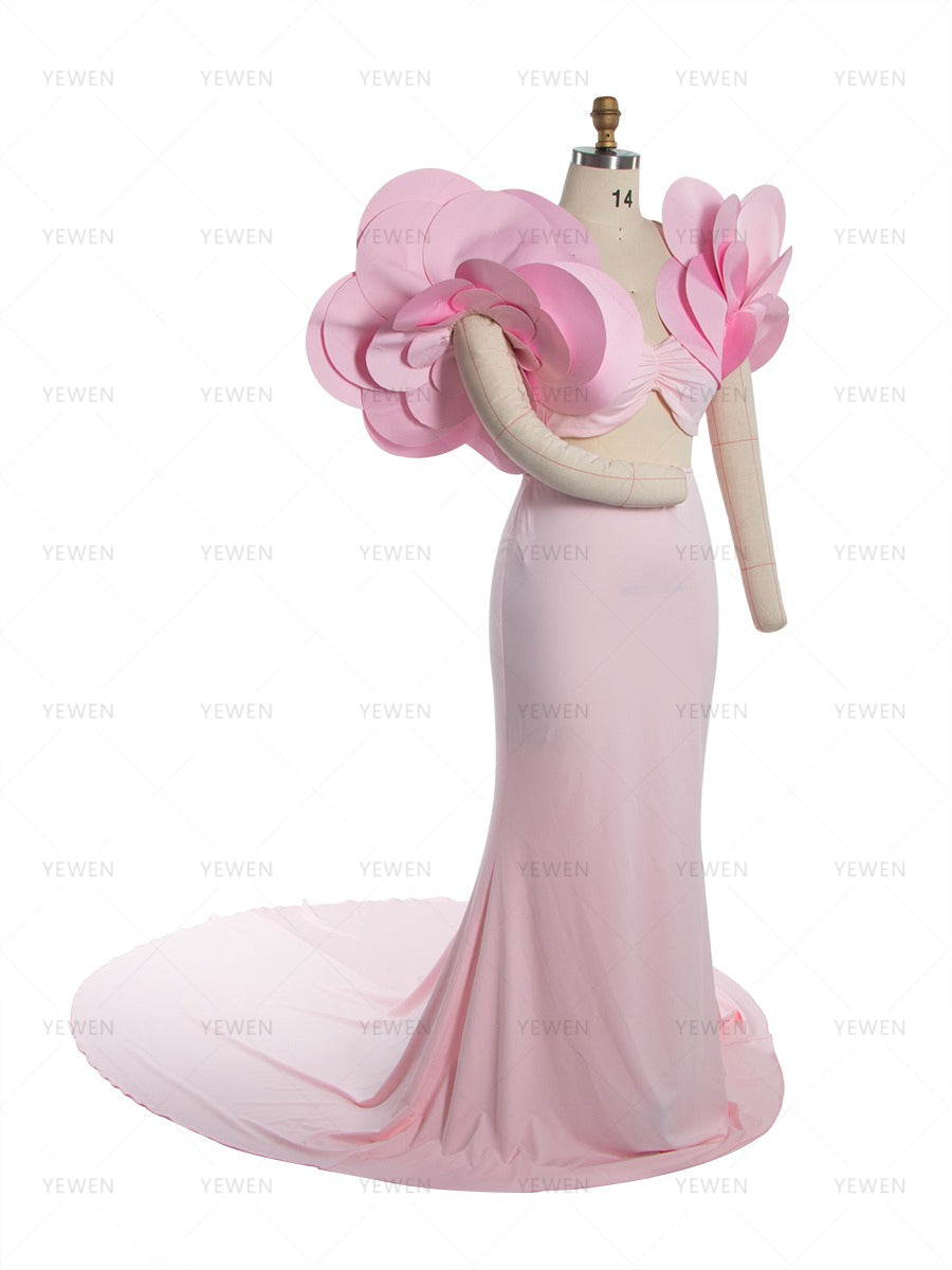 Stretchy Long Maternity Dress for Photoshoot with Handmade Flower Bicep Sleeves YW260234