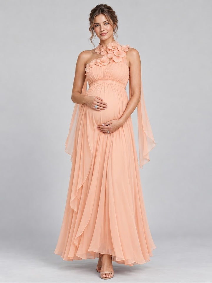 One-Shoulder Flowy Cape 3D Floral Maternity Baby Shower Dress L-26946