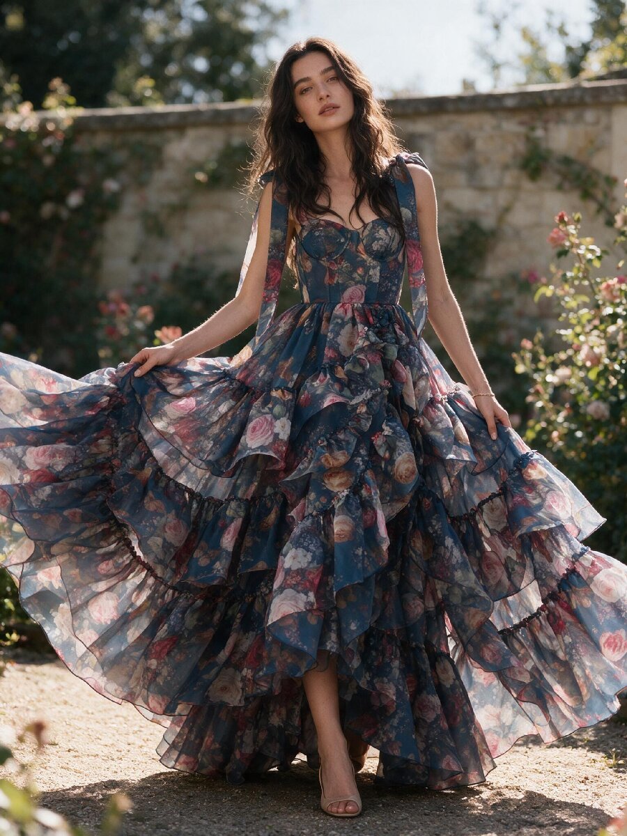Blue Sweetheart Floral Print Tiered Ruffle Princess Dress YW2610134