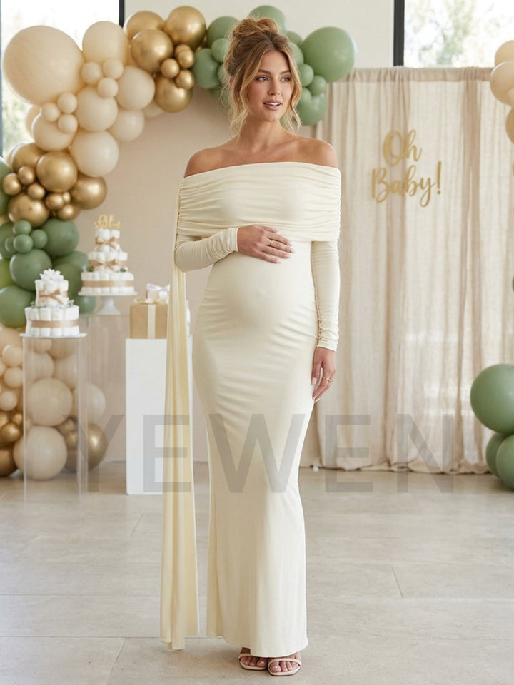 Off-Shoulder Draped Long Cape Maternity Dress for Baby Shower YM261014