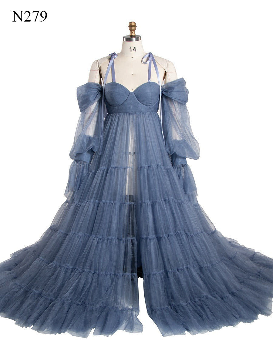 Maternity Dress for Photo Shoot Tulle Gown Photography Dress with Front Belly Slit YW221106