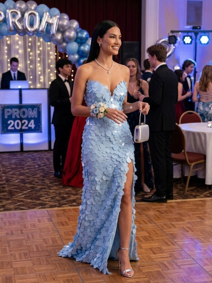 High Slit Fitted Paillette Sequin Strapless Prom Dress YD261025