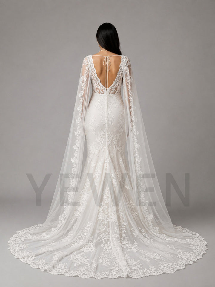 Ivory Lace Mermaid Maternity Wedding Dress with Floor-Length Cape L-26933