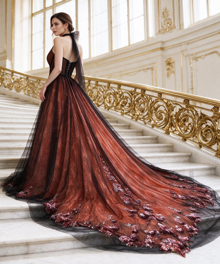 Halter Corset Tulle Evening Gown with Sequin Train YX26103