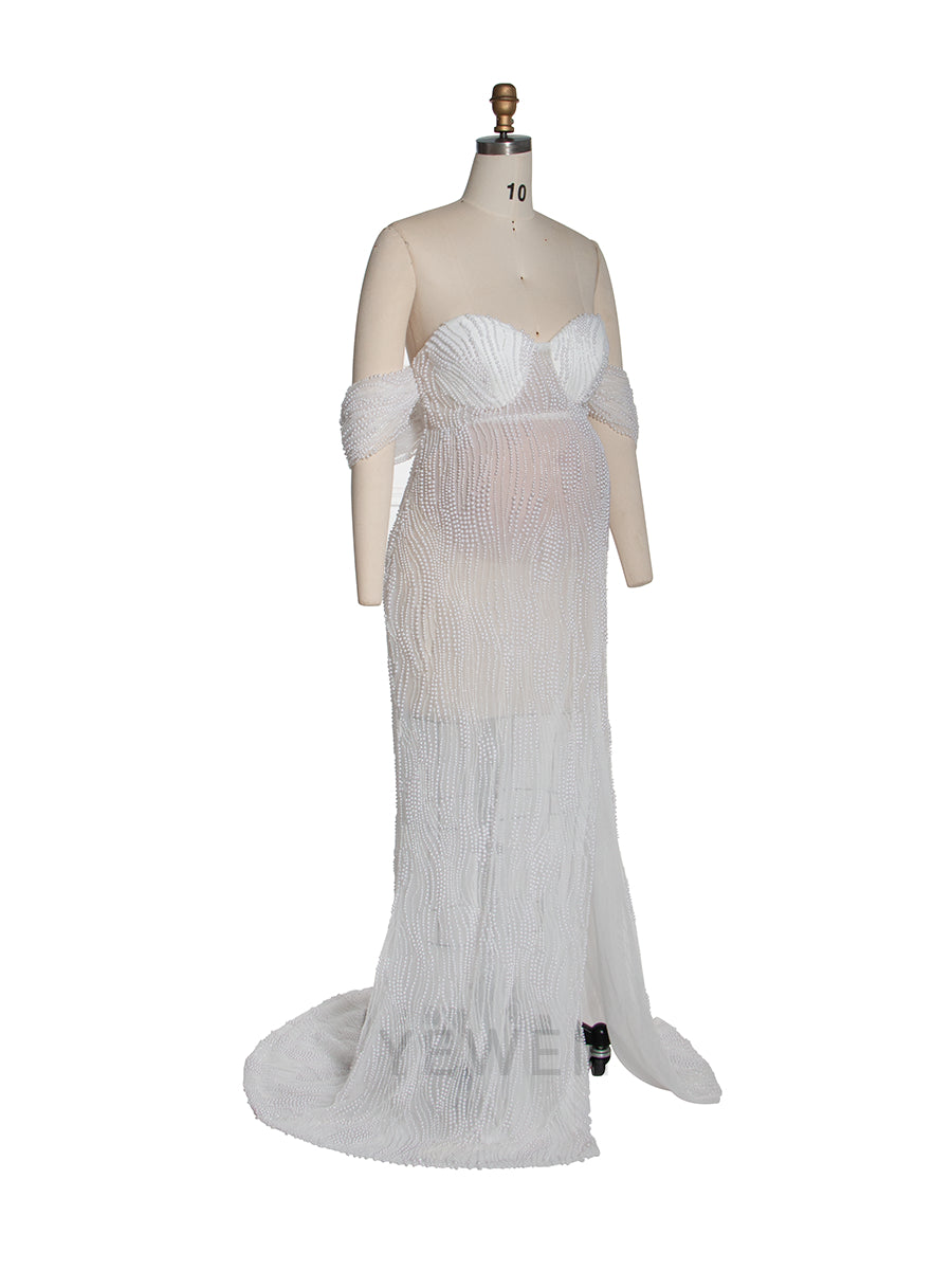Luxury Pearls Maternity Fitted Dress for Photoshoot Maternity Gown for Photography YW251045