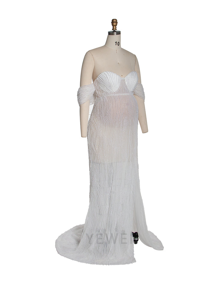 Luxury Pearls Maternity Fitted Dress for Photoshoot Maternity Gown for Photography YW251045