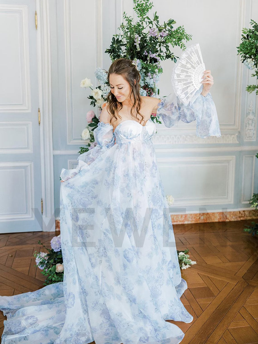 Printed Floral Organza Dresses Photoshoot Gown Side Leg Slit  YW221105-2