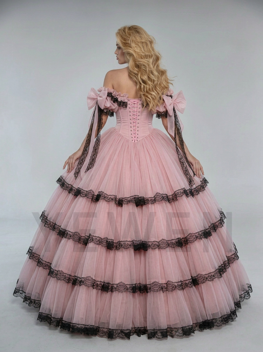 Gossamer Gown Pink Black Lace Corset High Low Layered Tulle WT268004
