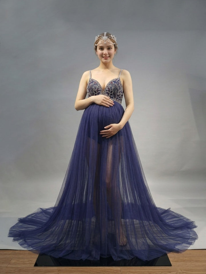 Spaghetti Strap Beaded Sequin Tulle Maternity Photoshoot Gown YD260918