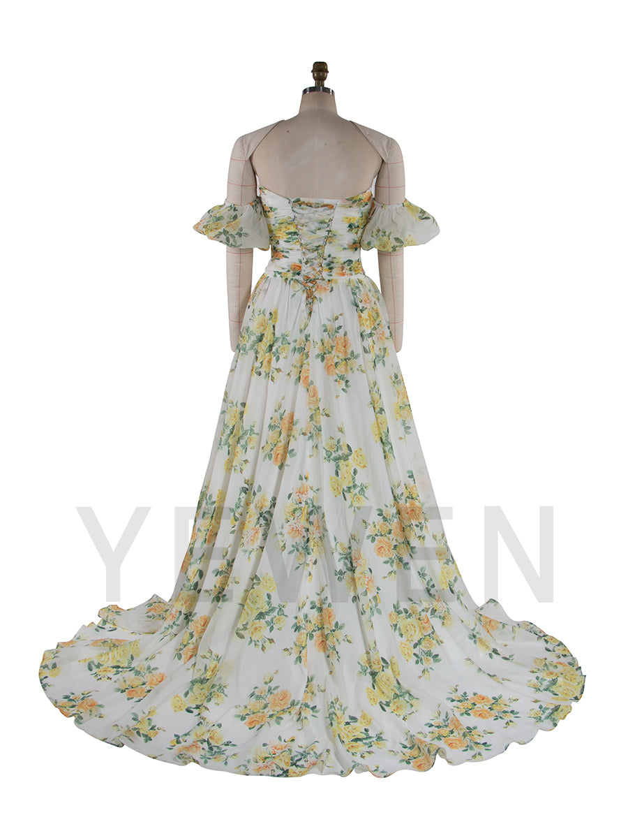 Floral Print Organza Maxi Dress Prom Party Dress Deachable Short Sleeves YW230739