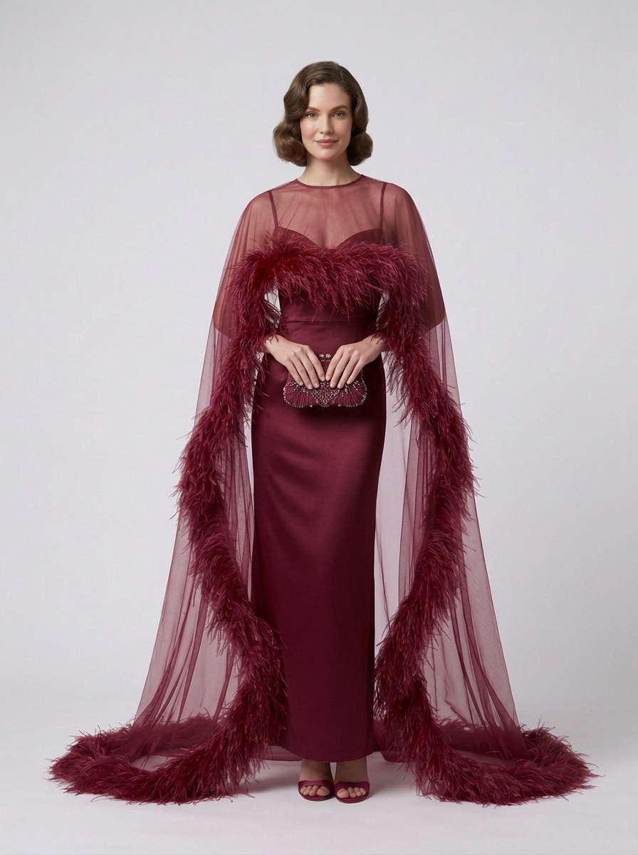 Sheer Cape Ostrich Feather Maternity Dress for Baby Shower YD260929