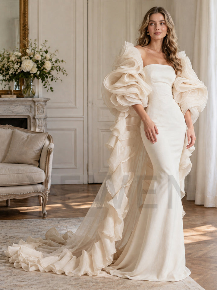 Strapless Ruffle Sleeve Mermaid Evening Gown with Long Train YW2609261