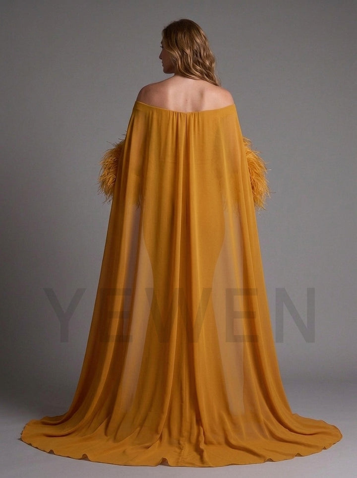 Off-Shoulder Feather Cape Pregnancy Dress for Baby Shower