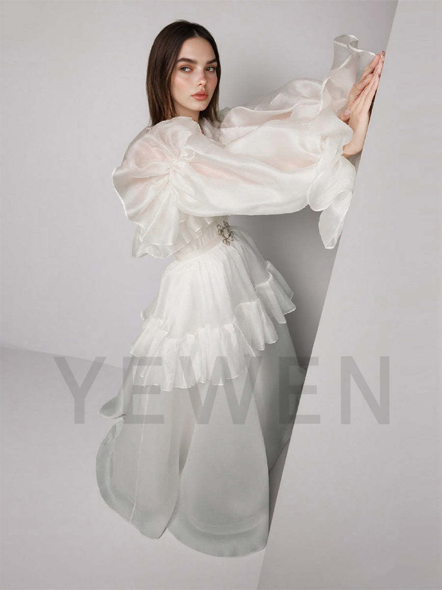 Fairy Organza Wedding Dress  A Line Wedding Photo Shoot Long Sleeves Formal Party Dresses