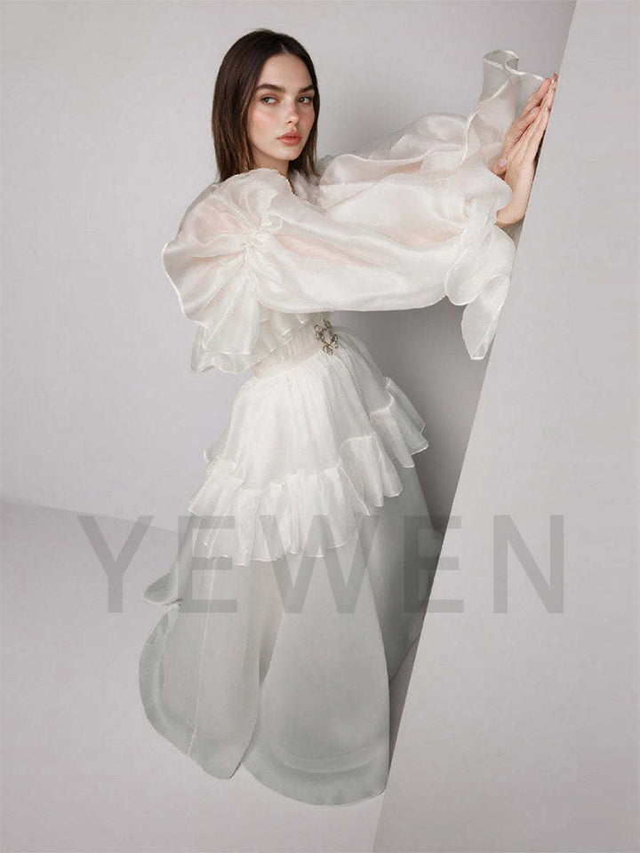 Fairy Organza Wedding Dress  A Line Wedding Photo Shoot Long Sleeves Formal Party Dresses