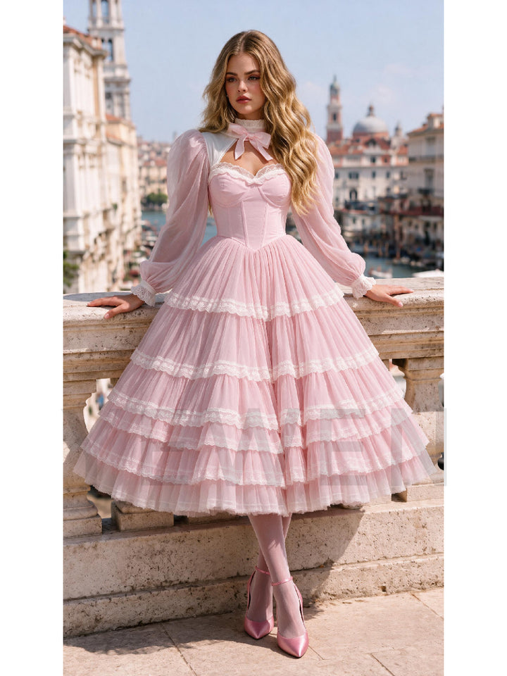 Pink Sheer Puff Sleeves Princess Dress with Ruffle Tiered Skirt WT268021