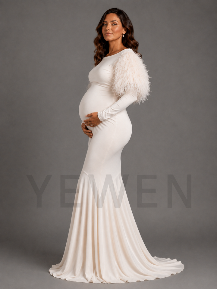 Ivory Feather Sleeve Maternity Mermaid Dress for Baby Shower L-26817