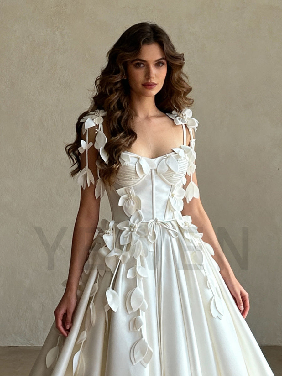 Romantic Petal Appliqués Straps Wedding Dress Satin Bridal Dress