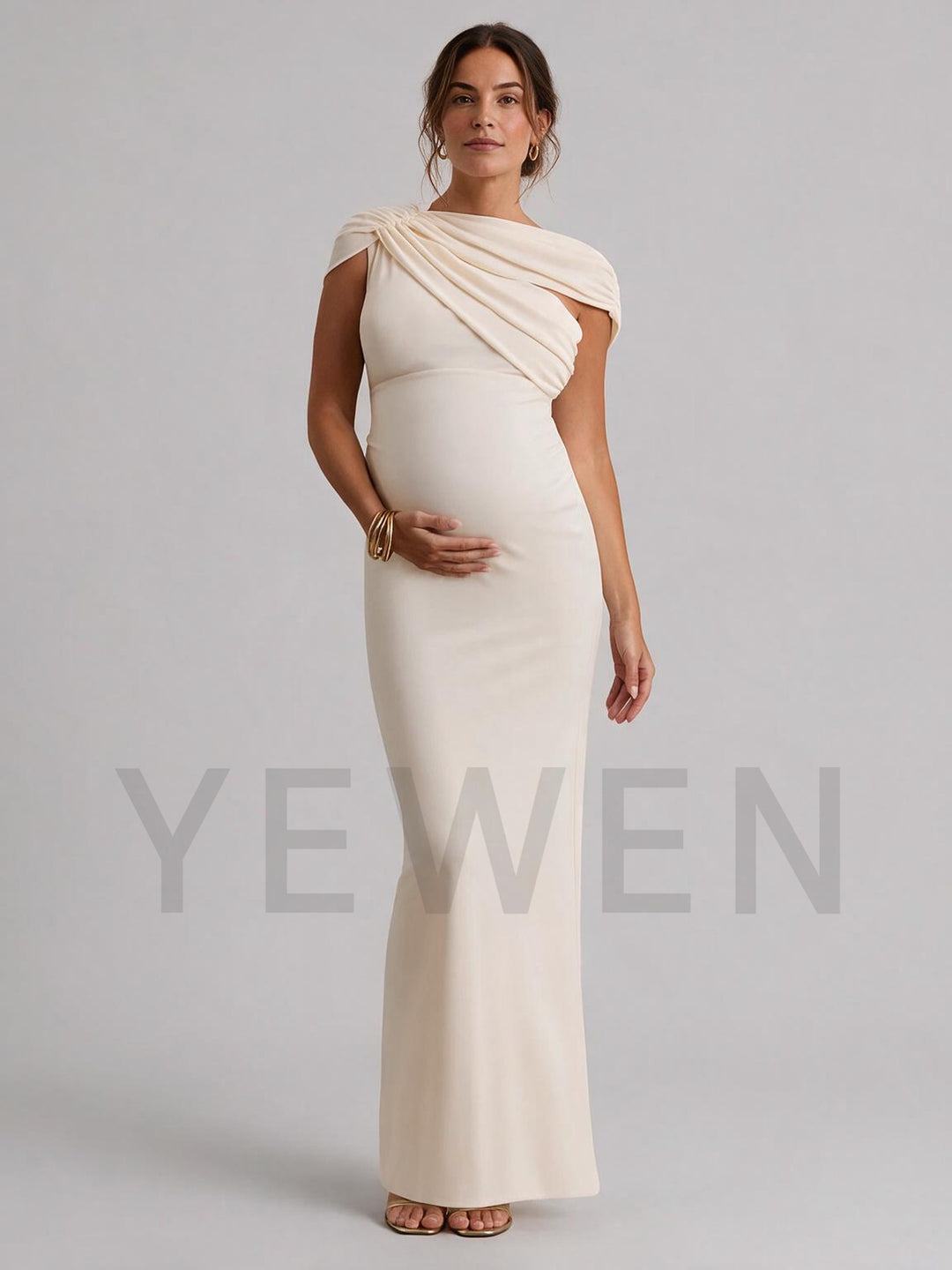 Ivory Asymmetrical Draped Neckline Maternity Dress for Baby Shower