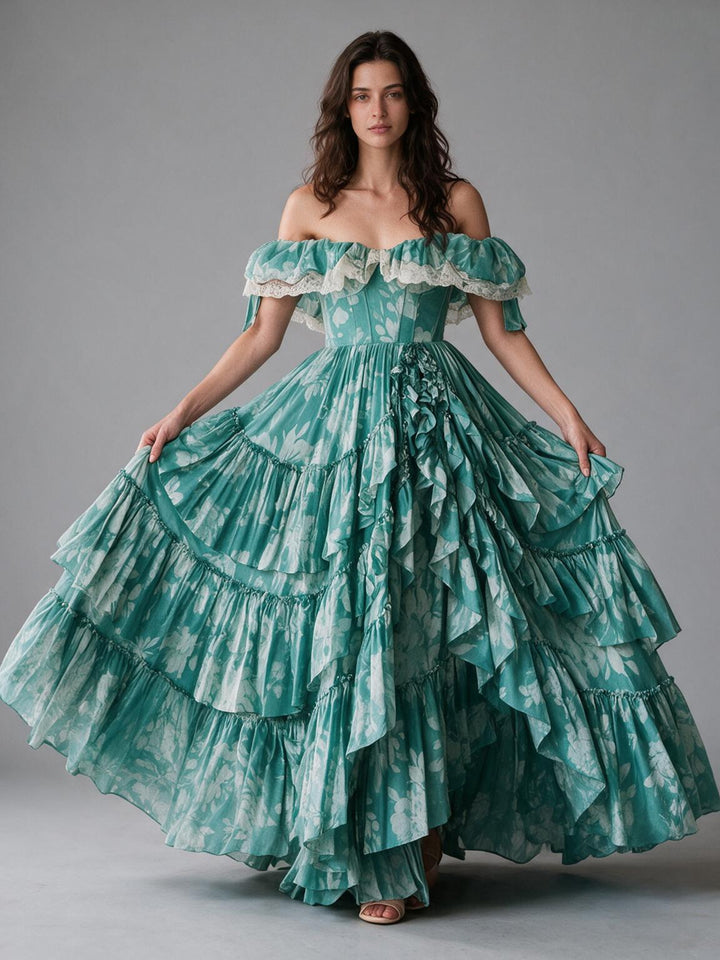 Mint Green Floral Tiered Ruffle Off-Shoulder Princess Dress YW2610148