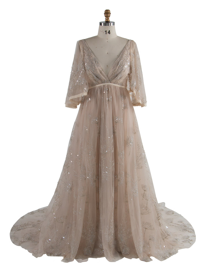 Boho sparkly Emboridery V Neck Maternity Photo Shoot Dress Beach Photoshoot Outfits YW250024