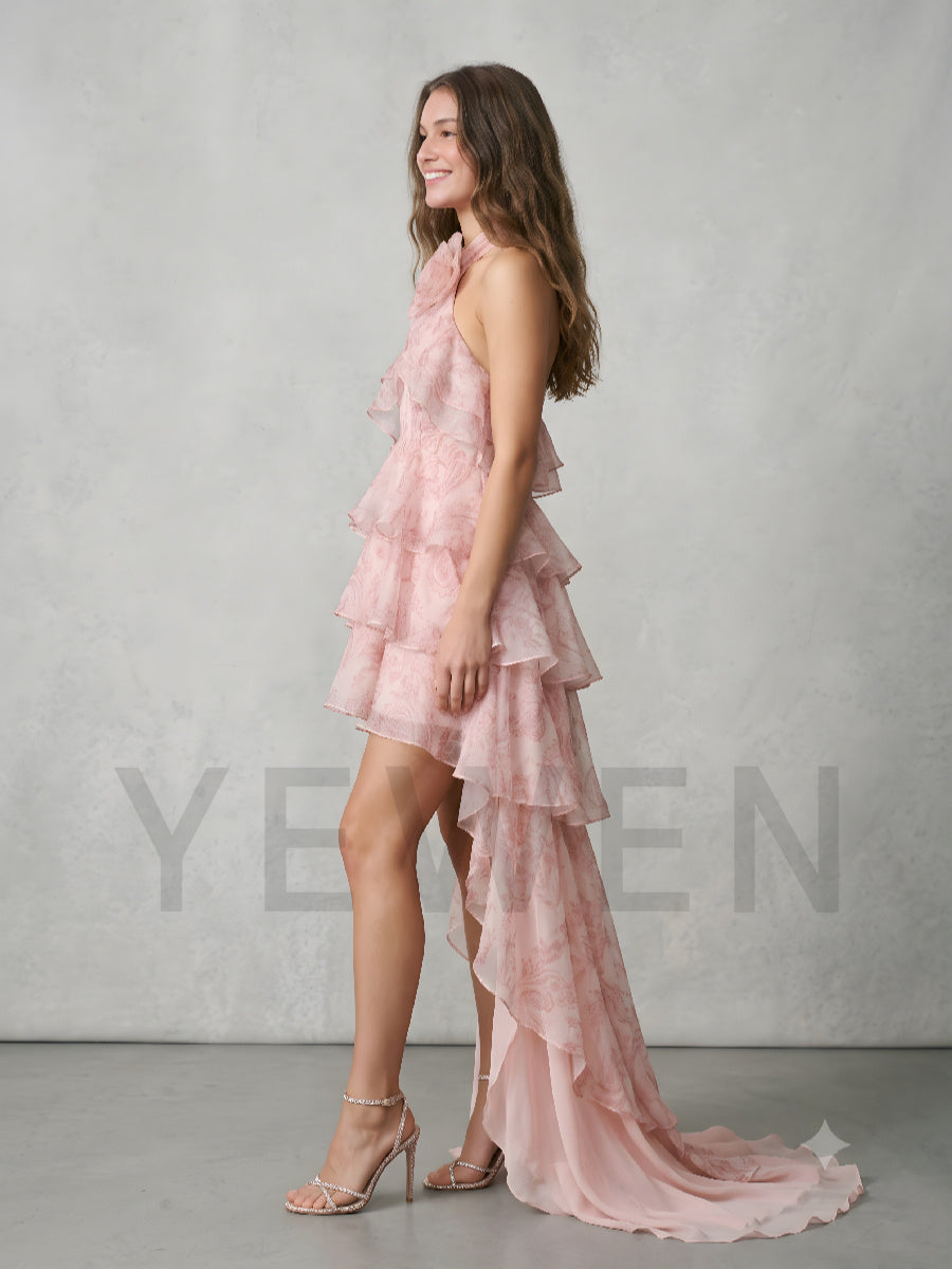 Pink Halter 3D Floral Tiered Ruffle High-Low Party Dress ZO269002