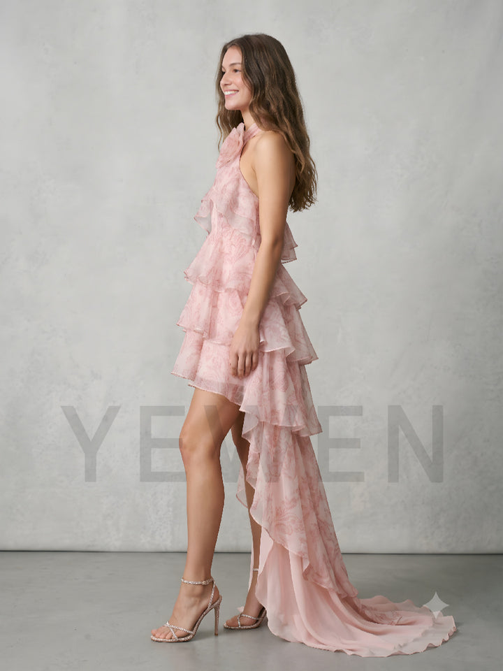 Pink Halter 3D Floral Tiered Ruffle High-Low Party Dress ZO269002