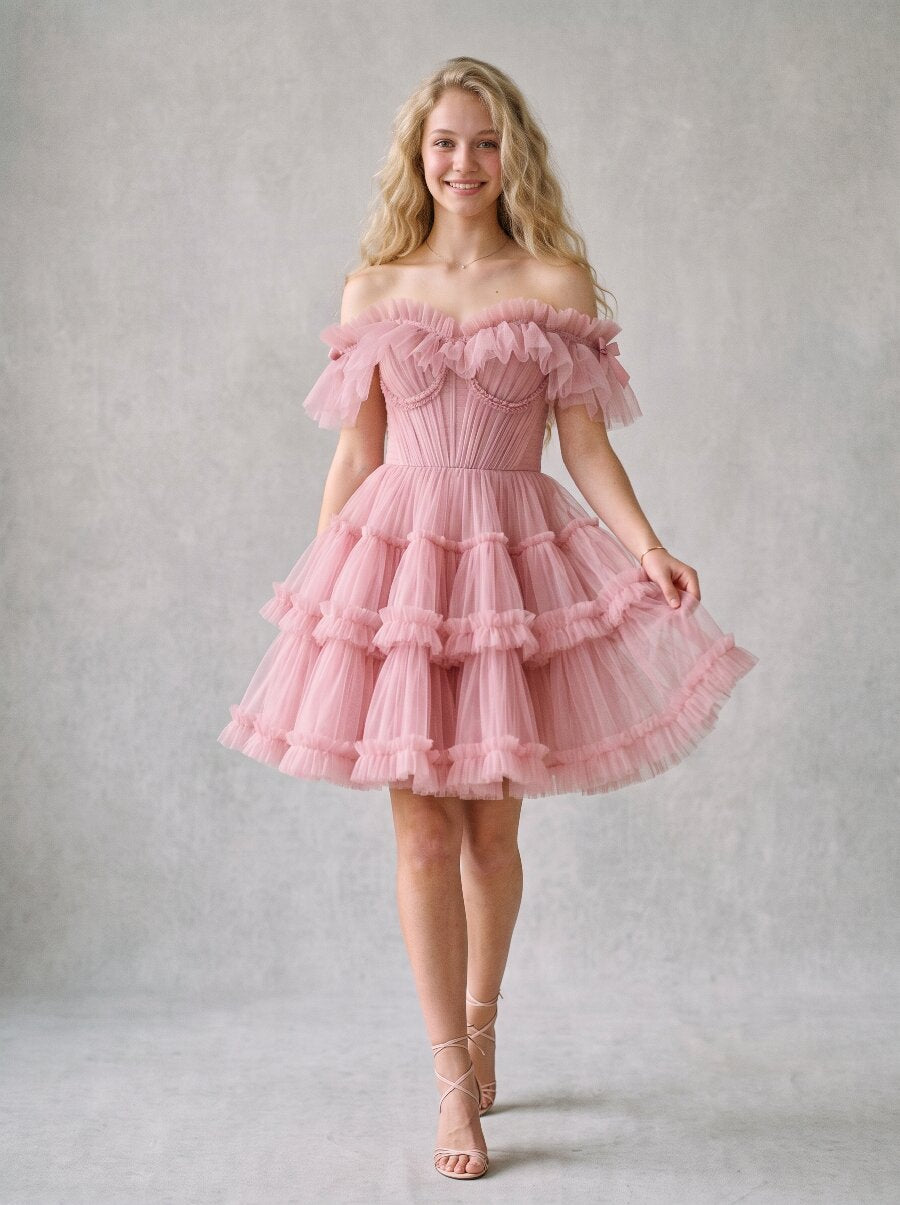 Pink Sheer Puff Sleeve Lace-Up Back Princess Mini Dress ZO260918