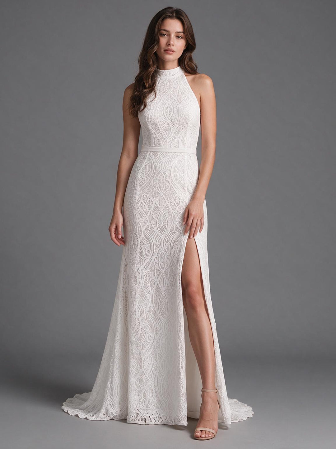 Ivory Halter High Neck Embroidered Lace Mermaid Wedding Dress