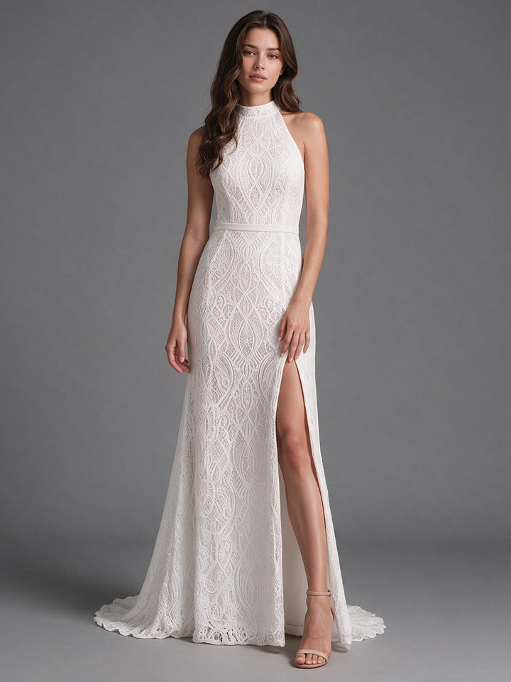 Ivory Halter High Neck Embroidered Lace Mermaid Wedding Dress