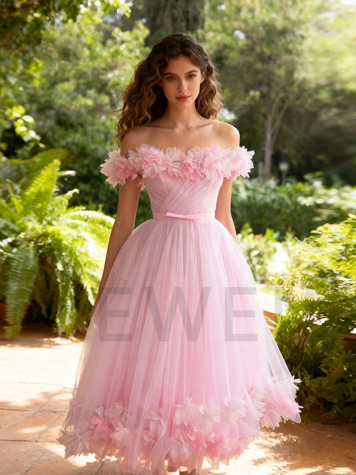Pink Off Shoulder Tulle Wedding Party Dress Occasion Dress