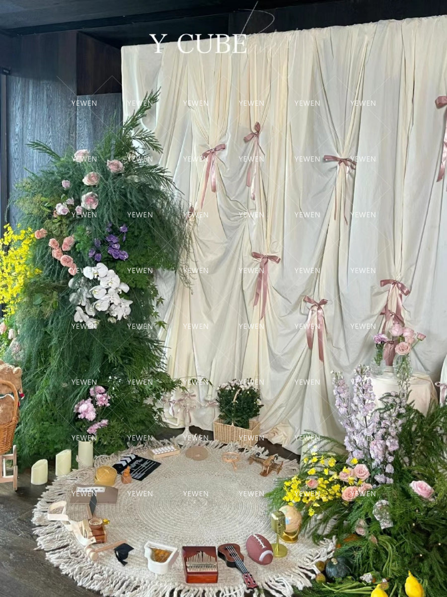 Off-white Bow Pleated Cotton Linen Backdrop Thickened Opaque Photography Background Cloth for Birthday Engagement Photo Props YW2603131D