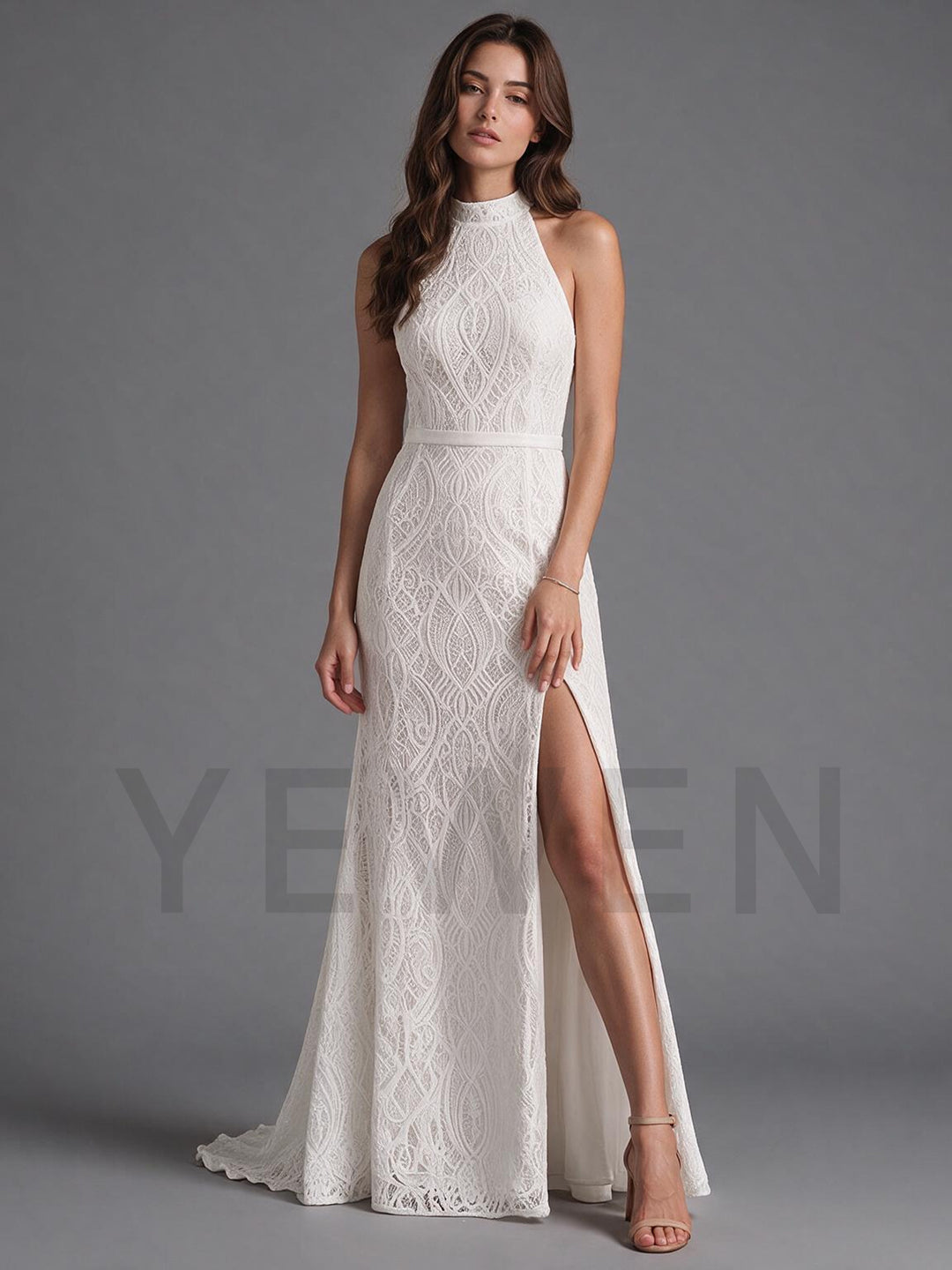 Ivory Halter High Neck Embroidered Lace Mermaid Wedding Dress