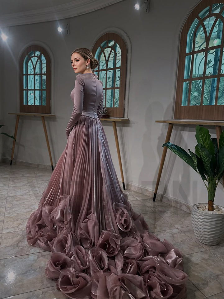 Luxury Evening Dresses Big 3D flowers Pleated Skirt Long Sleeves Evening Gown