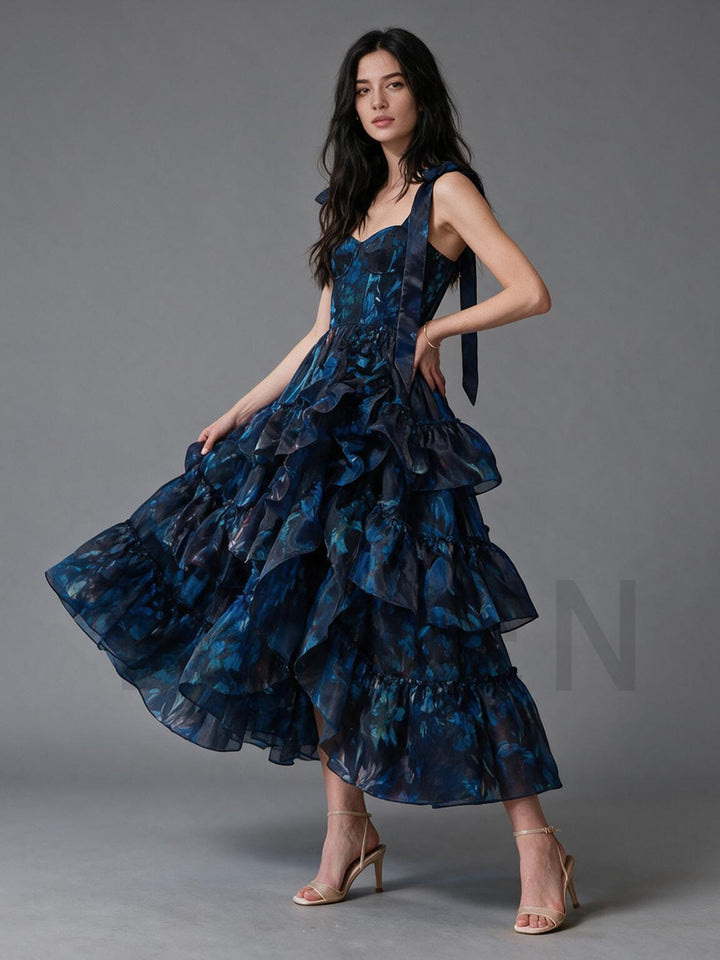 Navy Floral Print Tiered Ruffle Shoulder Tie Princess Dress YW2610161