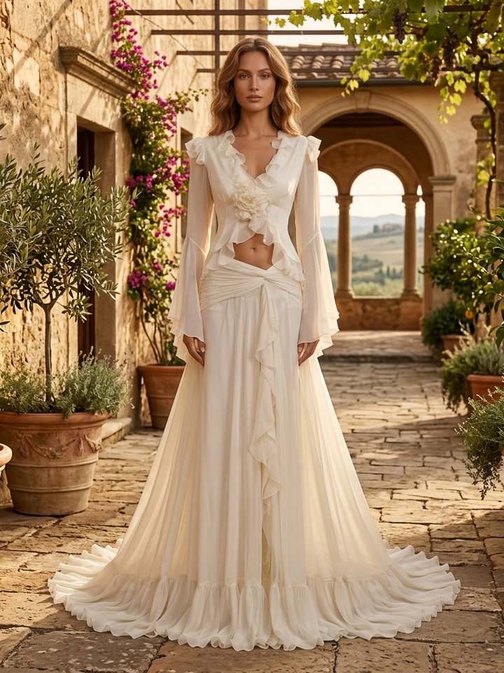 Aurora White Floral Applique Crop Top & Draped Skirt Set YD260802