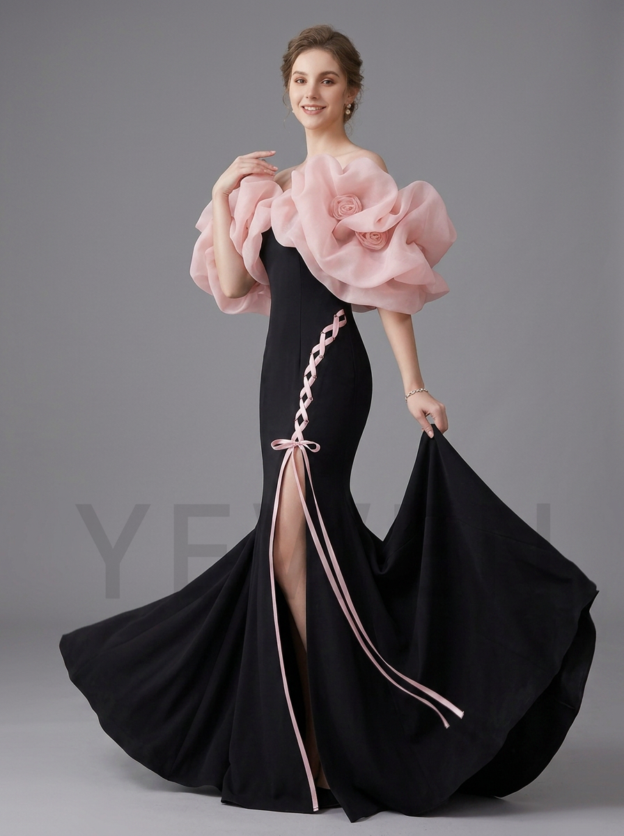 Black Mermaid Photoshoot Gown with Pink Corset Lace Up Leg Slit Size YD260808
