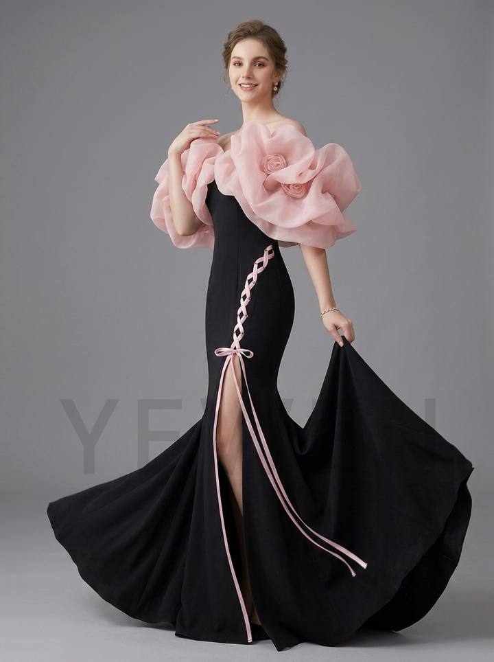Black Mermaid Photoshoot Gown with Pink Corset Lace Up Leg Slit Size YD260808