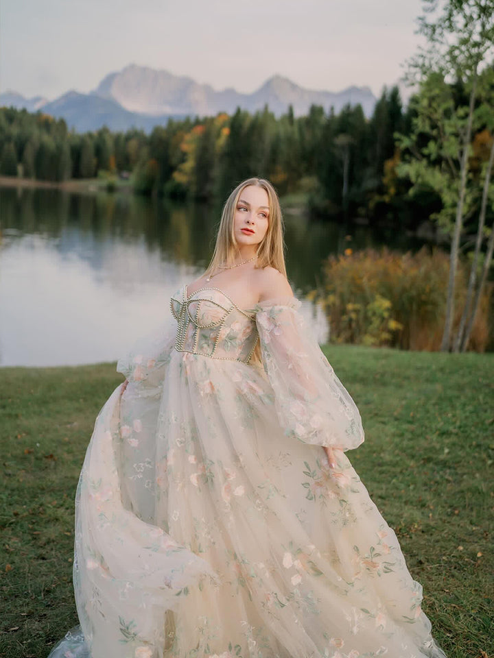 Strapless Long Sleeves Embroidery Floral Wedding Dresses with Color Beading Pearls Dress Photo Shoots Gowns YW230306