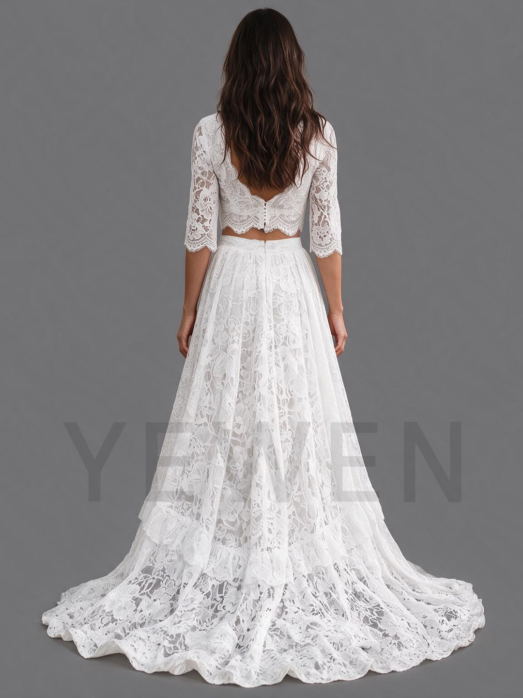 Ivory V-Neck Elbow Sleeve Lace Crop Top Boho Wedding Dress