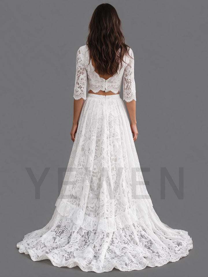 Ivory V-Neck Elbow Sleeve Lace Crop Top Boho Wedding Dress