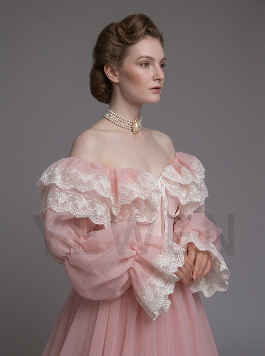 Off-Shoulder Lace Ruffle Puff Sleeve Corset Princess Dress YD260921