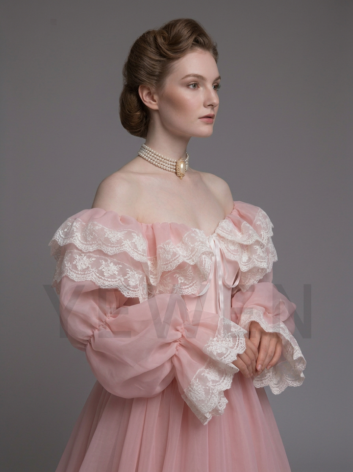 Off-Shoulder Lace Ruffle Puff Sleeve Corset Princess Dress YD260921